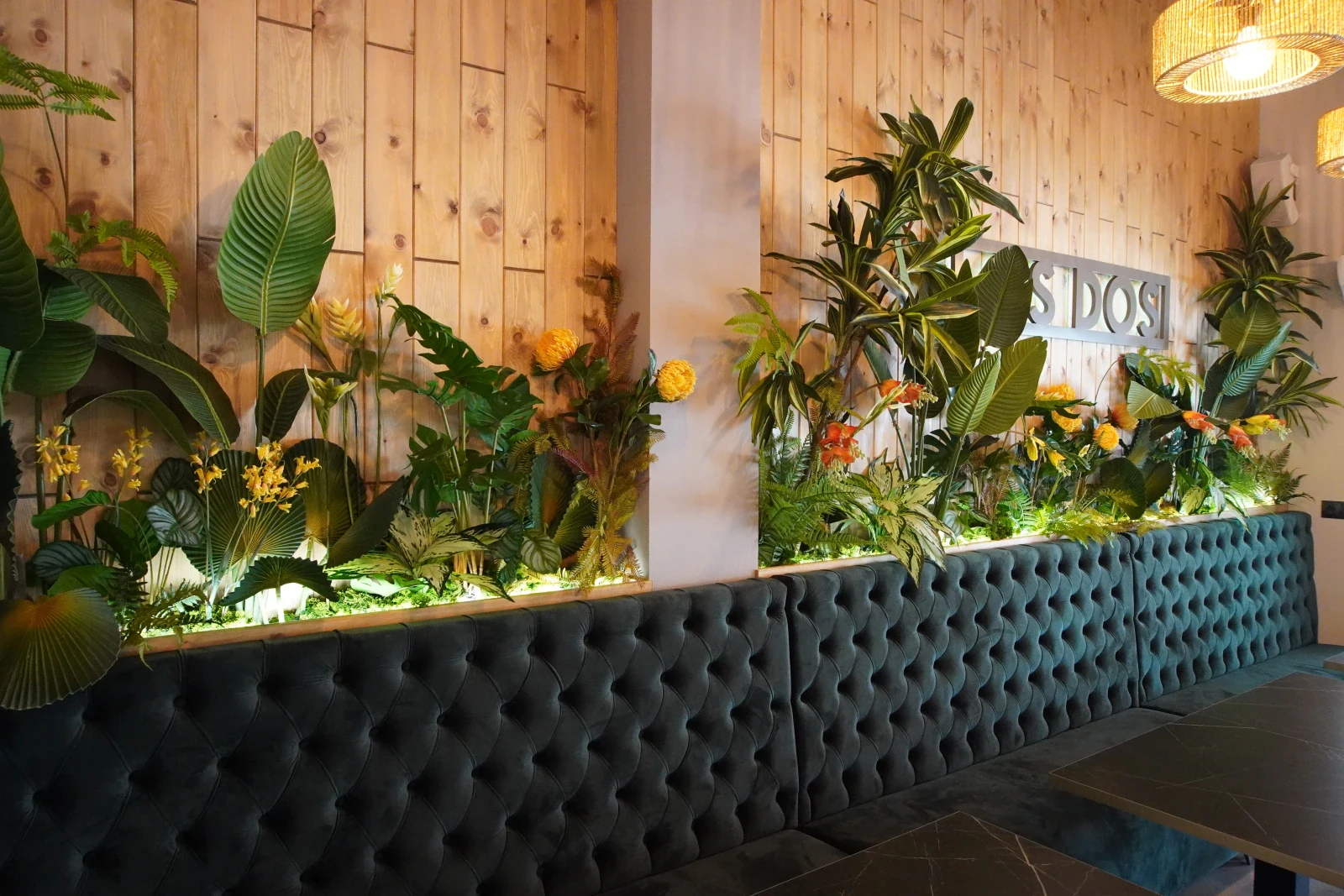 Banco corrido tapizado del restaurante Los Dos en El Campello, con pared de madera y vegetación decorativa